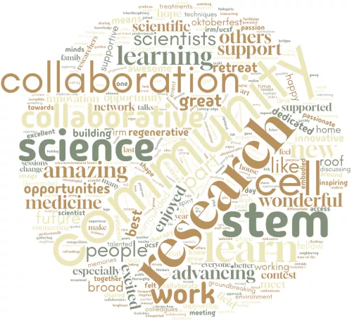 This word cloud captures the diverse and vibrant responses to "what does the Broad Stem Cell Center mean to you?" Key themes include a strong sense of community, collaboration, and the drive to advance cutting-edge research. Words like "community," "collaborative," "learn," "excited," "innovative," and "inspire" stand out prominently, highlighting the center's focus on fostering a supportive and innovative environment.