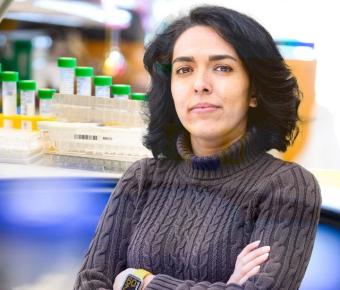 A woman with short wavy dark brown hair stands with arms folded in turtle neck grey sweater in a lab setting