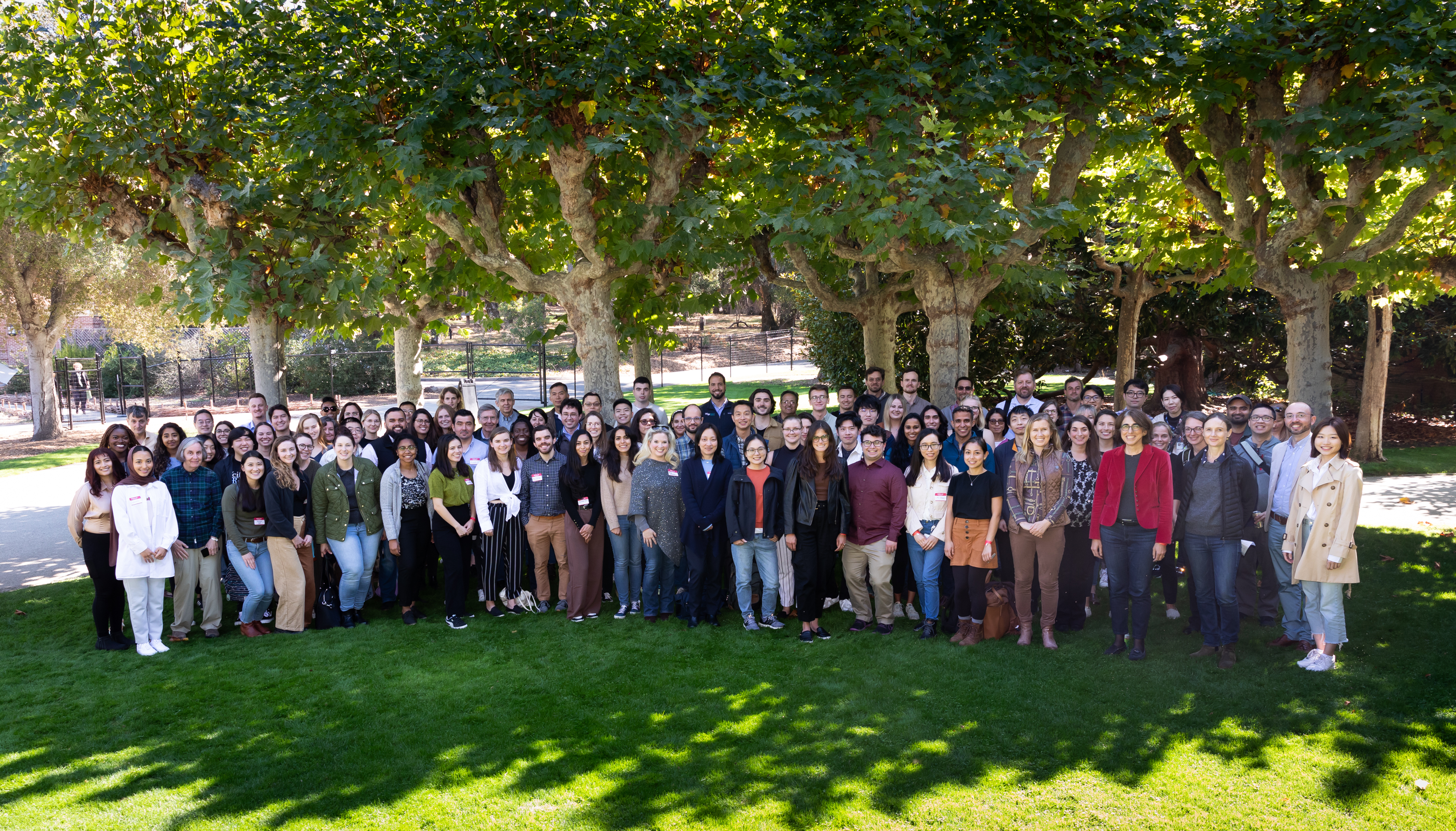 UCSF Broad Stem Cell Center retreat group gathers by grove of trees by Elisabeth Fall