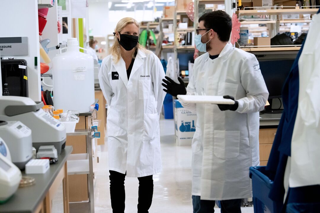 Photograph of Diana Laird with mentee in the Dolby Regeneration Medicine Building